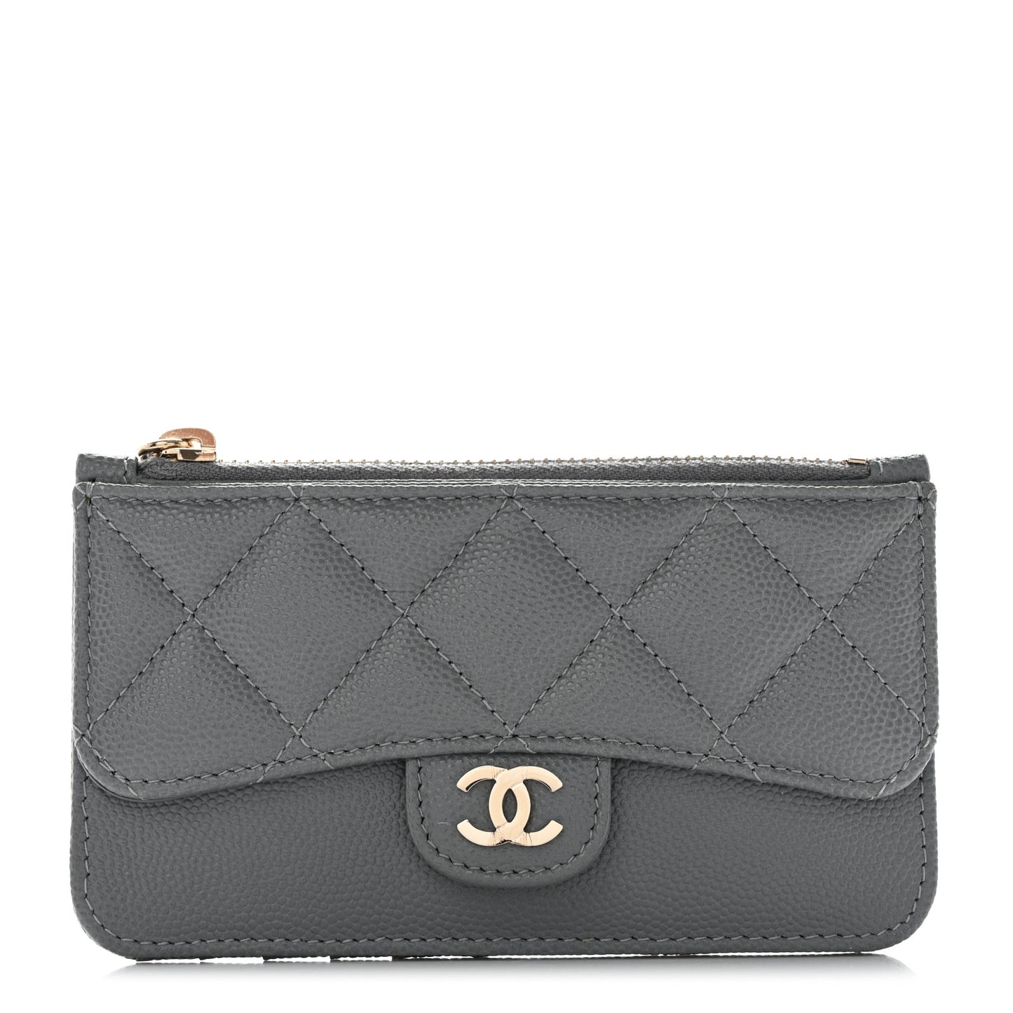 Caviar Quilted Flap Zip Card Holder Grey