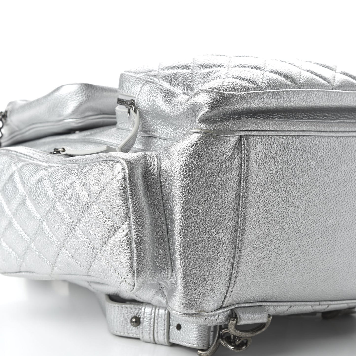Metallic Grained Calfskin Quilted Large Casual Rock Backpack Silver