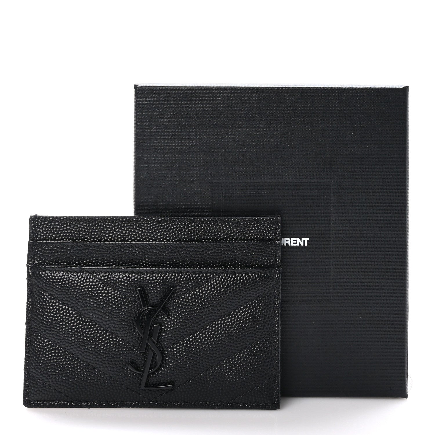 Saint Laurent Grain De Poudre Matelasse Chevron Monochrome Monogram Credit Card Case Black 11 of 11