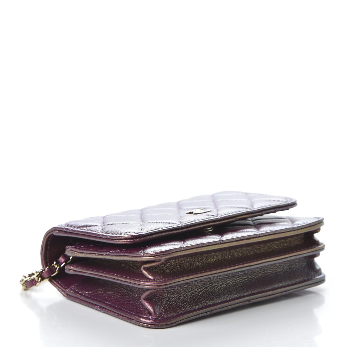 Iridescent Lambskin Quilted Mini Wallet On Chain WOC Purple