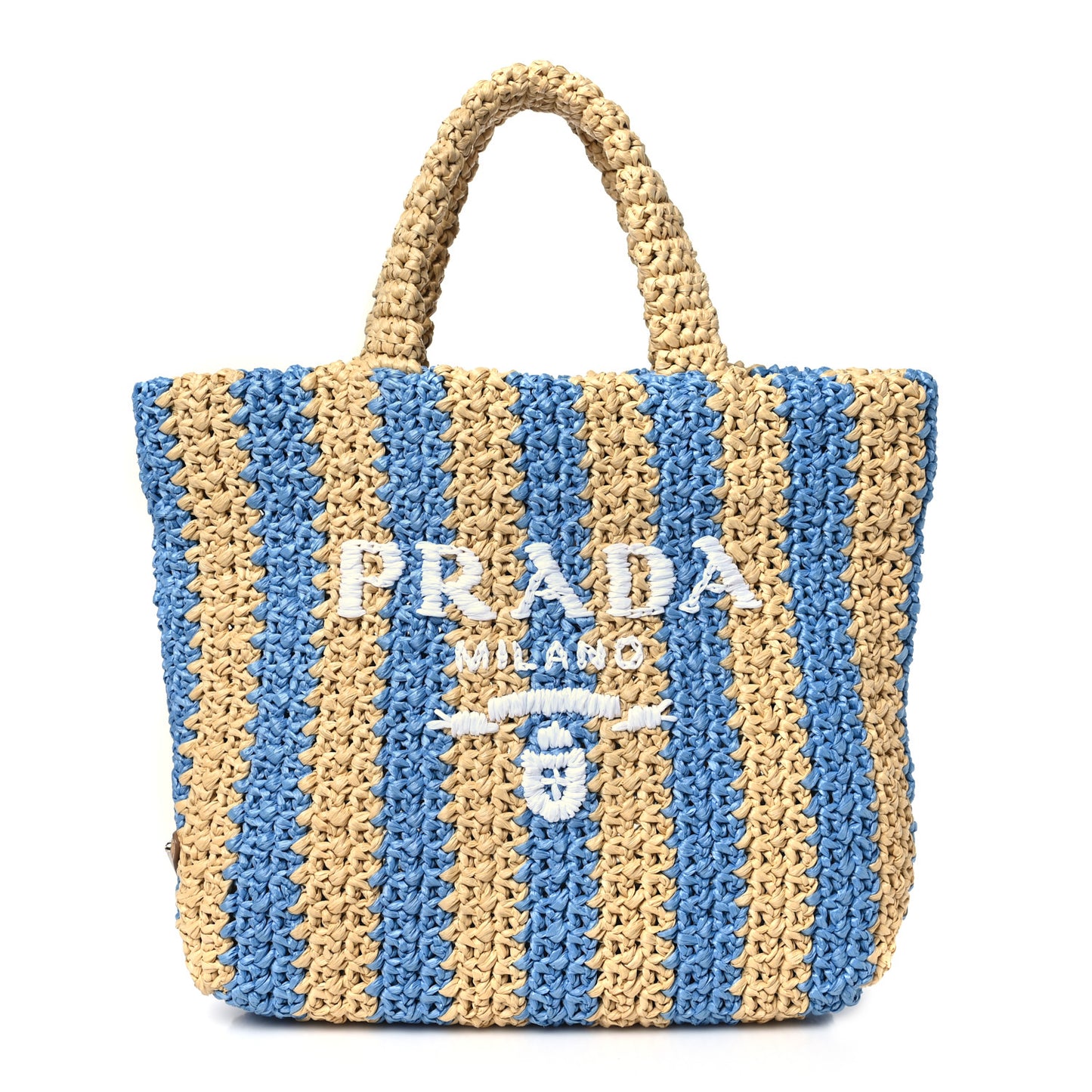 Yarn Raffia Effect Crochet Striped Small Logo Tote Naturale Celeste