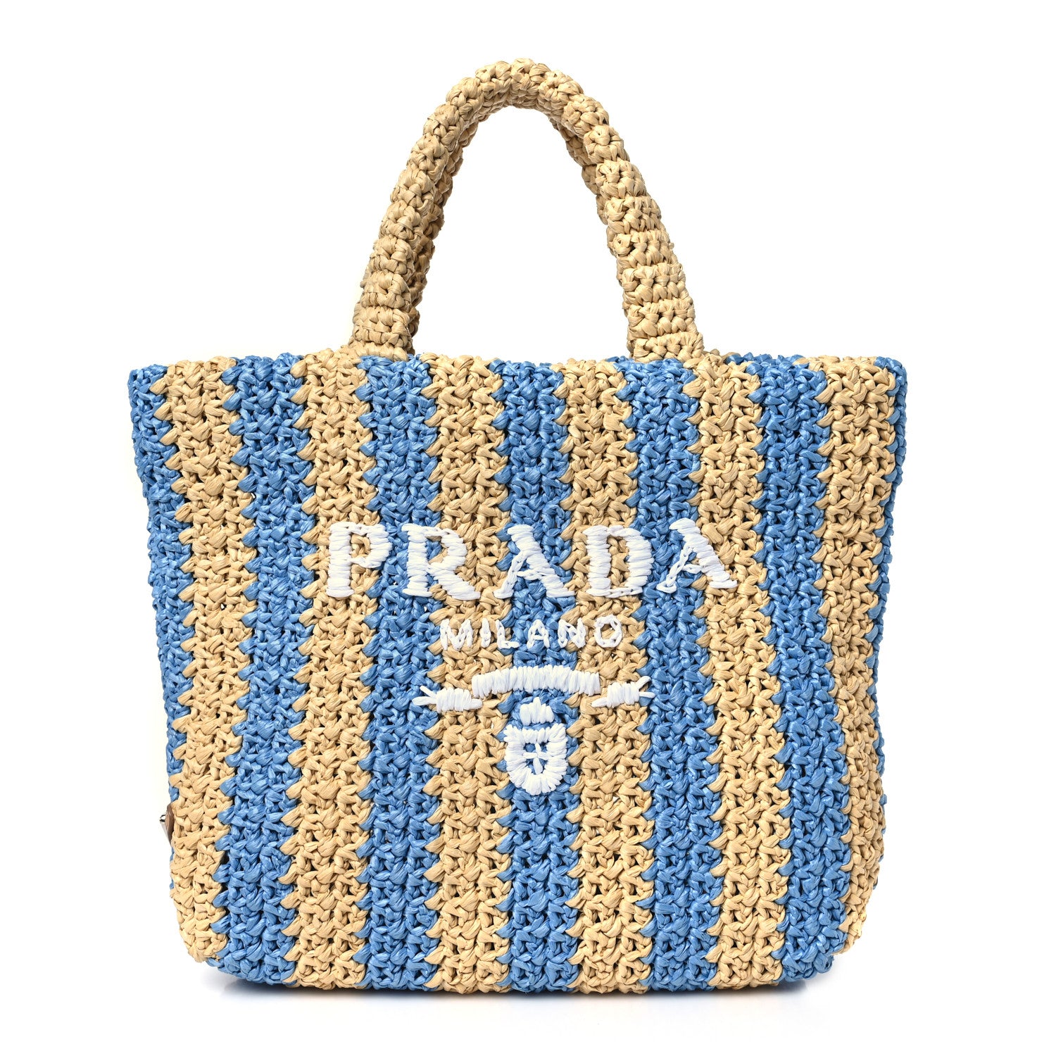 Prada Yarn Raffia Effect Crochet Striped Small Logo Tote Naturale Celeste 1 of 8