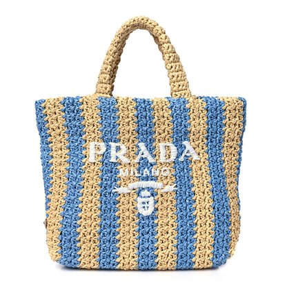 Prada Yarn Raffia Effect Crochet Striped Small Logo Tote Naturale Celeste 1 of 8