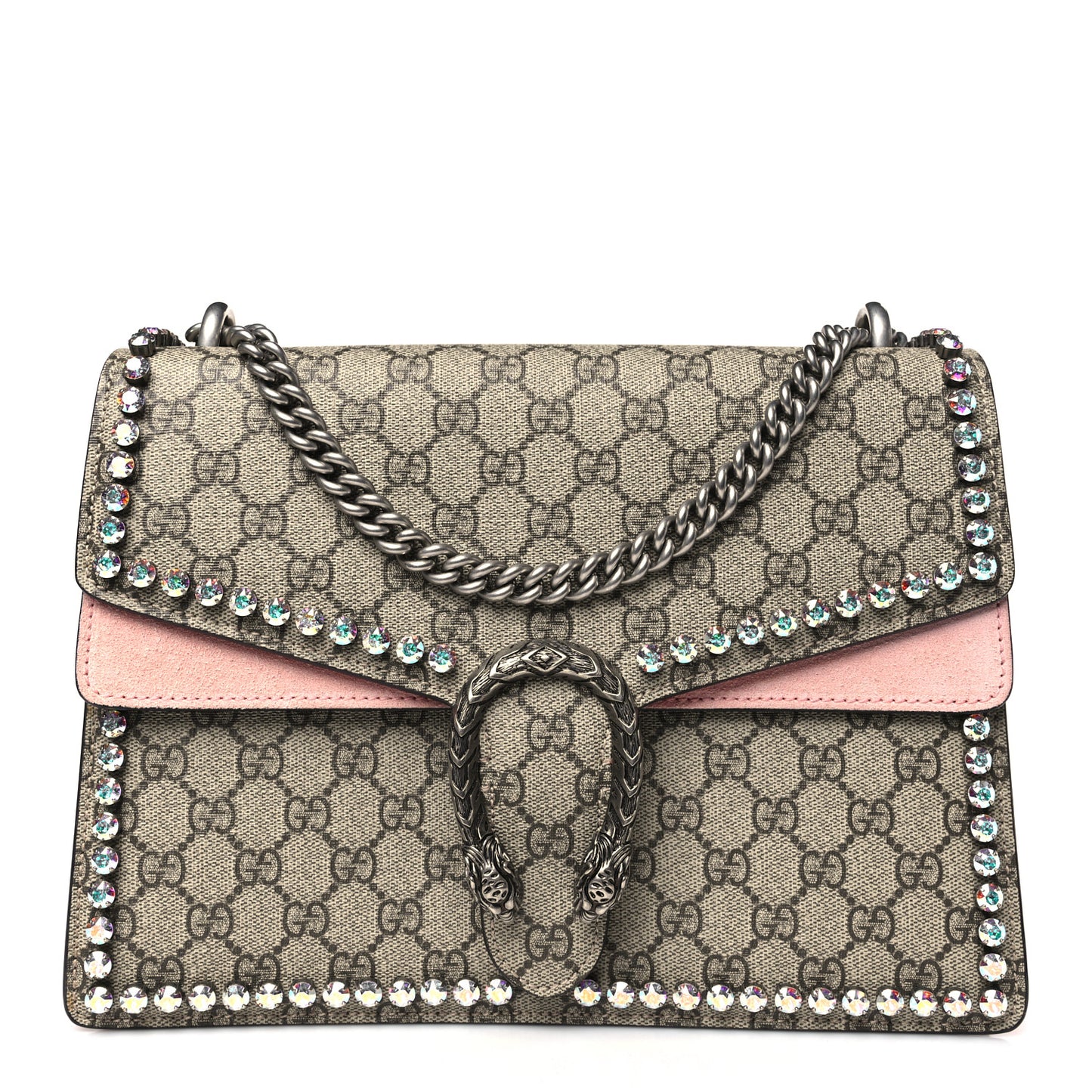 GG Supreme Monogram Suede Crystal Medium Dionysus Shoulder Bag Beige Ebony Light Peonia