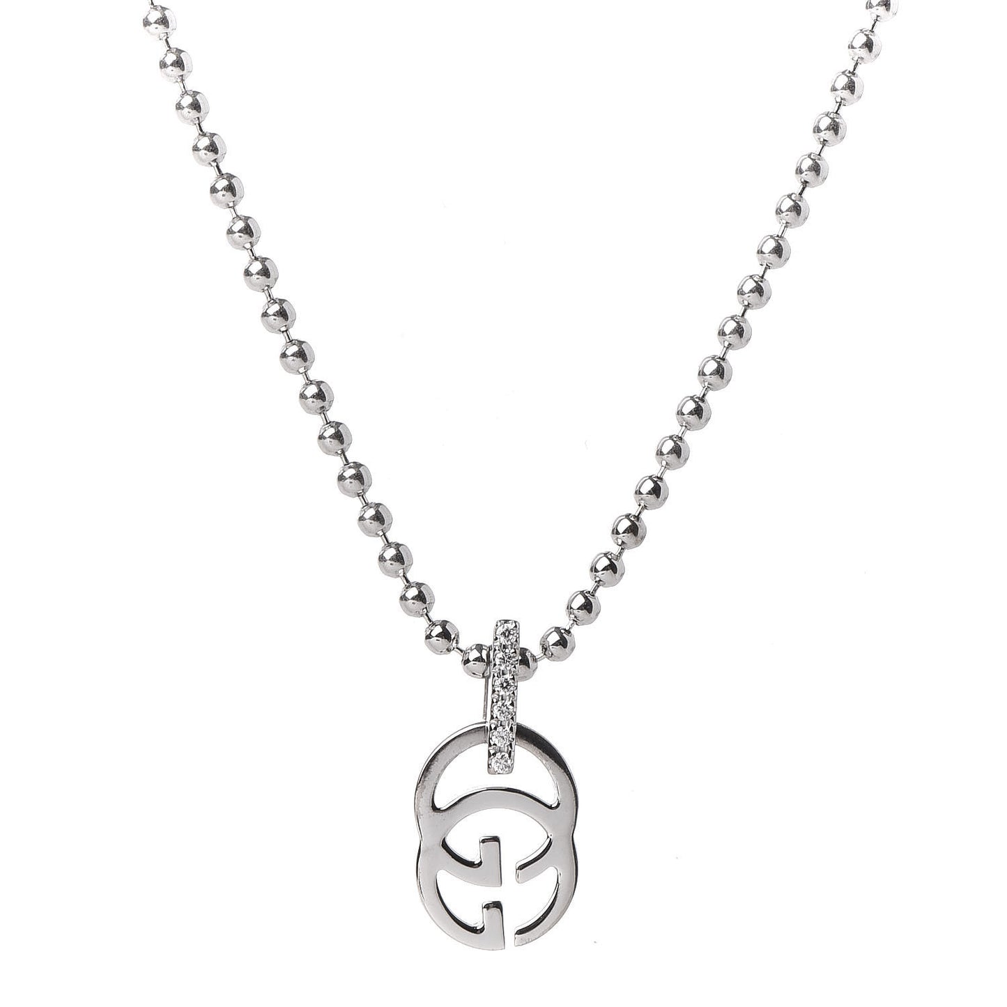 18K White Gold Diamond Running GG Pendant Necklace