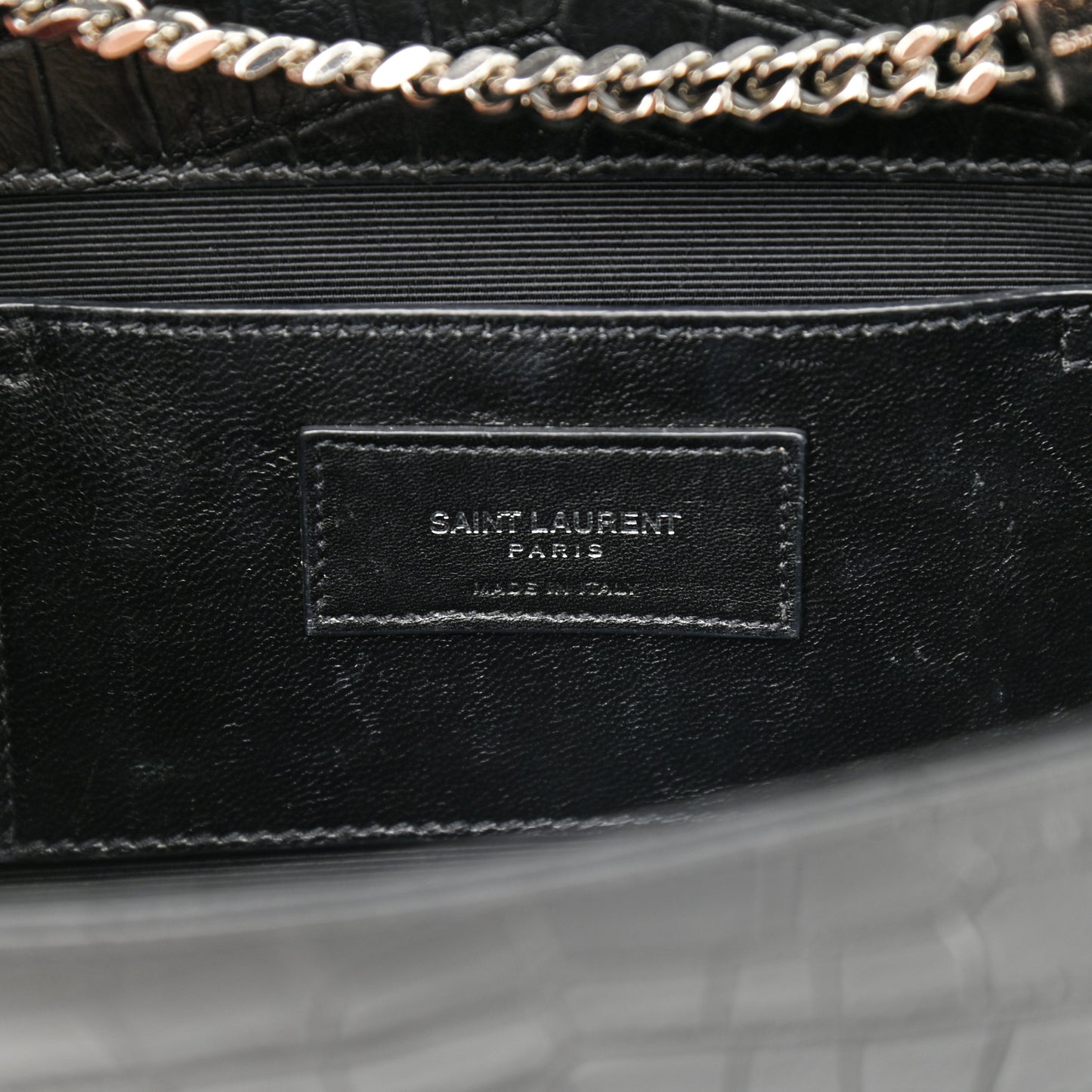 Calfskin Crocodile Embossed Medium Classic Monogram Kate Tassel Satchel Black