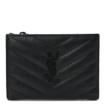 Saint Laurent Grain De Poudre Matelasse Chevron Monogram Zipped Two-Part Wallet Black 1 of 7