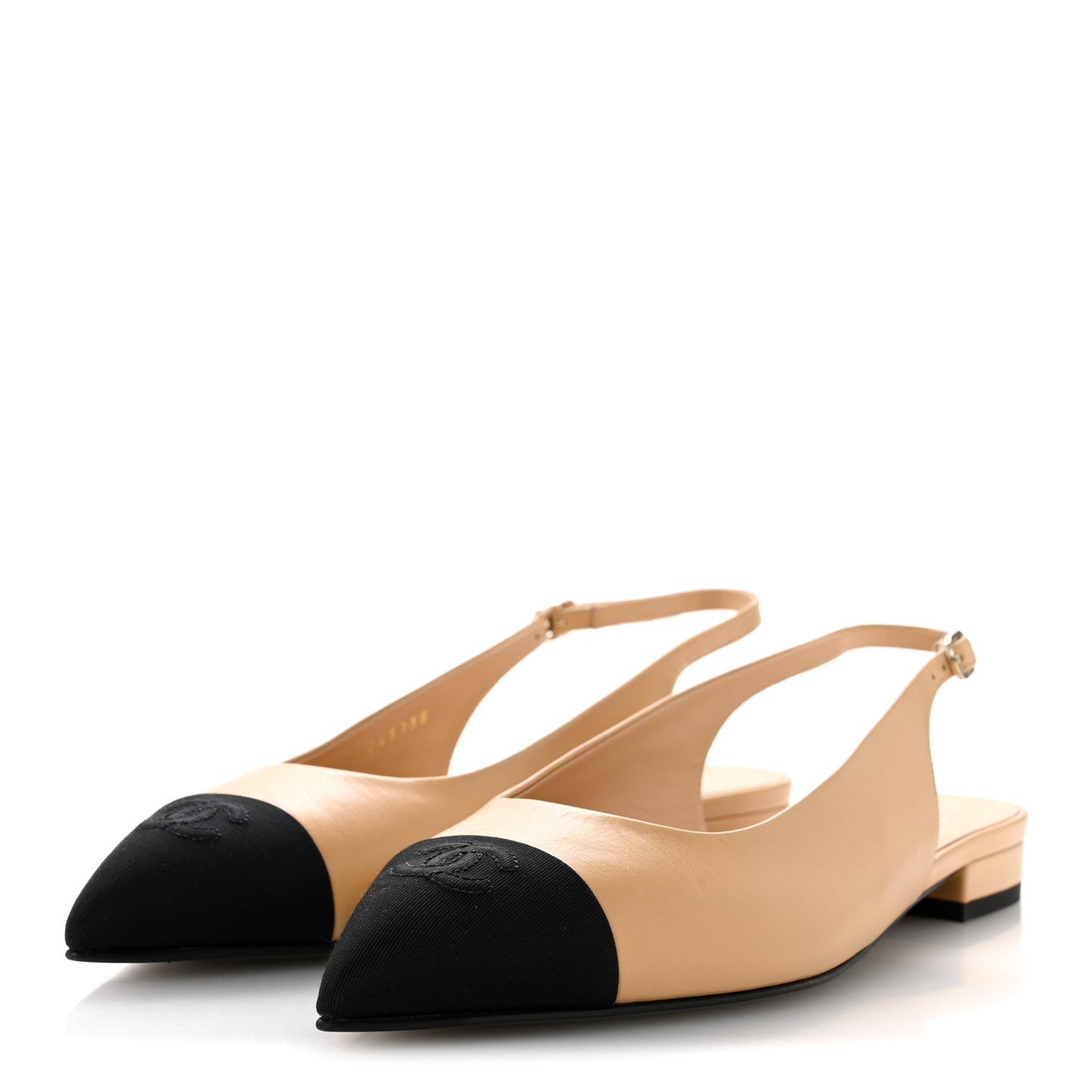 Goatskin Grosgrain Pointed Toe CC Slingback Flats 39.5 Beige Black