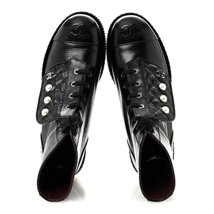 Chanel Crackled Calfskin Velvet Pearl Combat Short Boots 38.5 Black 2 of 10
