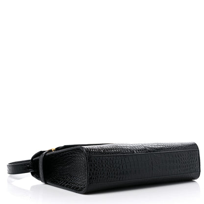 Saint Laurent Shiny Calfskin Crocodile Embossed Manhattan Baguette Black 4 of 13