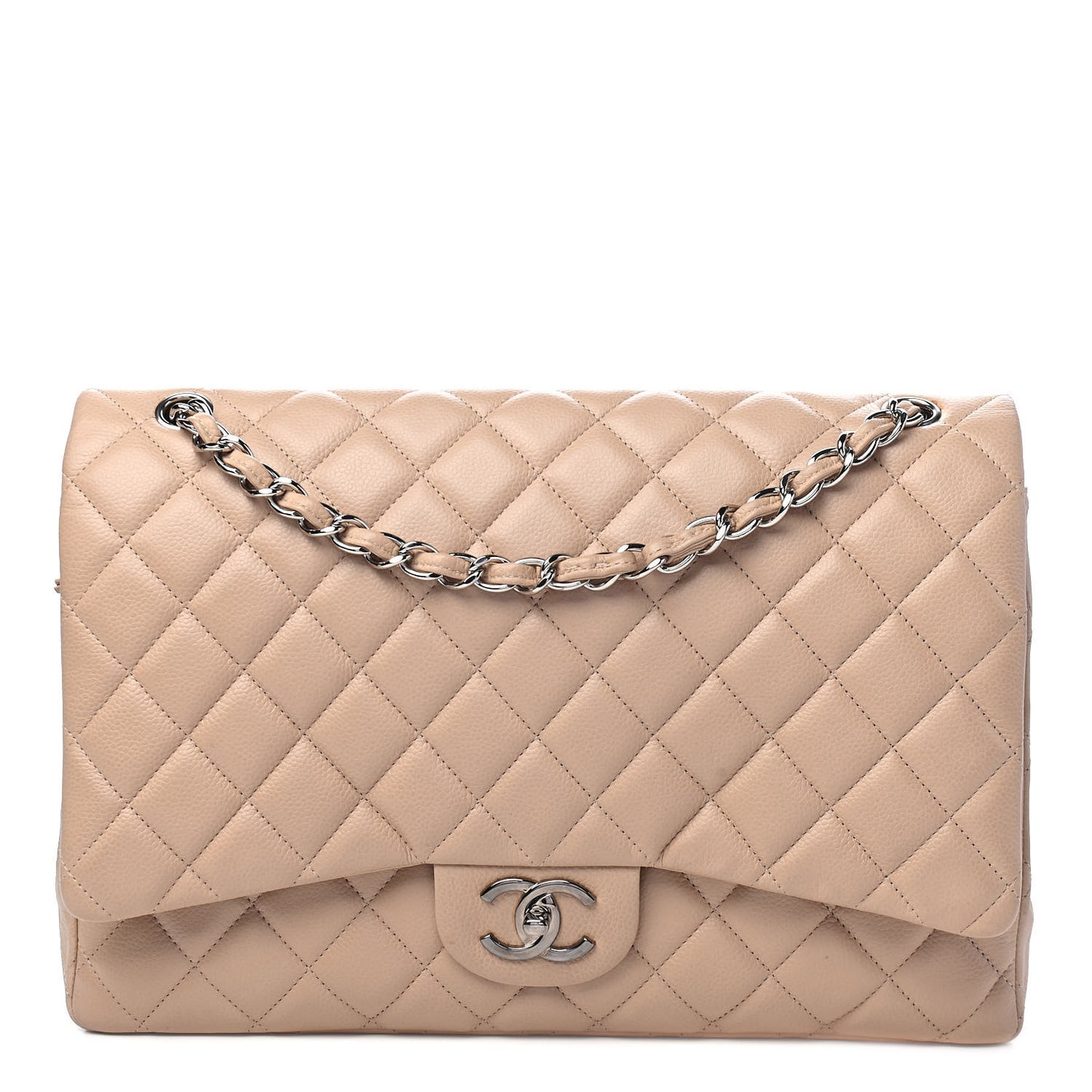 Caviar Quilted Maxi Double Flap Light Beige
