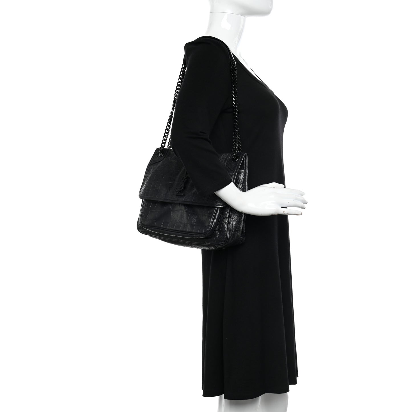 Crocodile Embossed Lambskin Monogram Medium Niki Chain Satchel Black