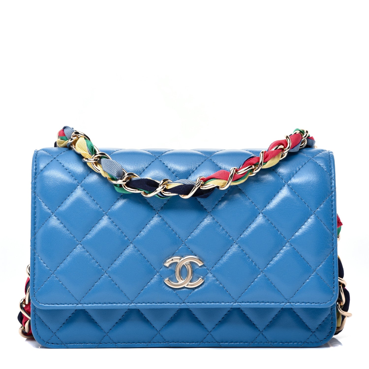 Chanel Shiny Lambskin Quilted Ribbon Wallet On Chain WOC Blue 1 of 9