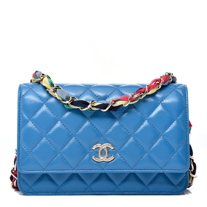 Chanel Shiny Lambskin Quilted Ribbon Wallet On Chain WOC Blue 1 of 9