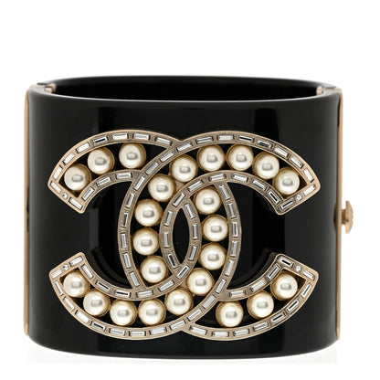 Chanel Resin Baguette Crystal Pearl CC Cuff Black 1 of 5