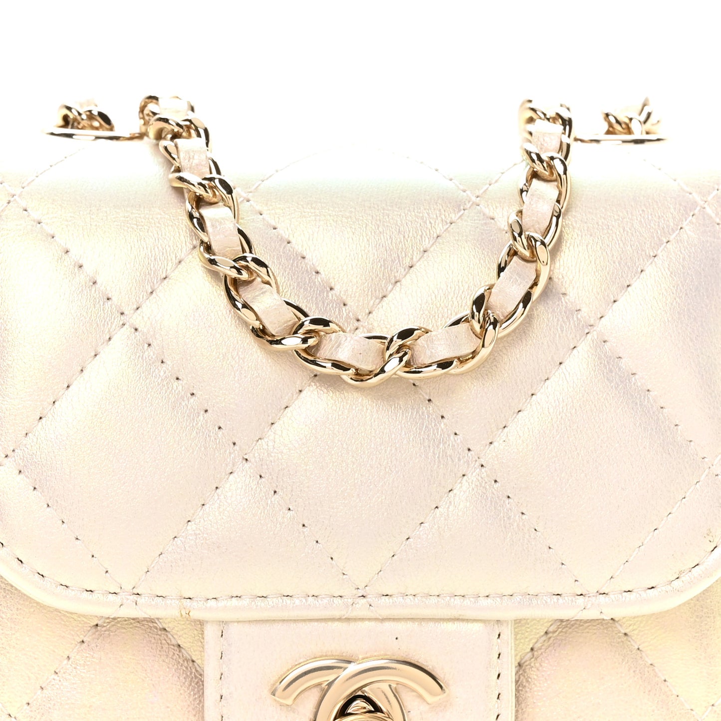 Iridescent Lambskin Quilted CC Phone Holder Ivory
