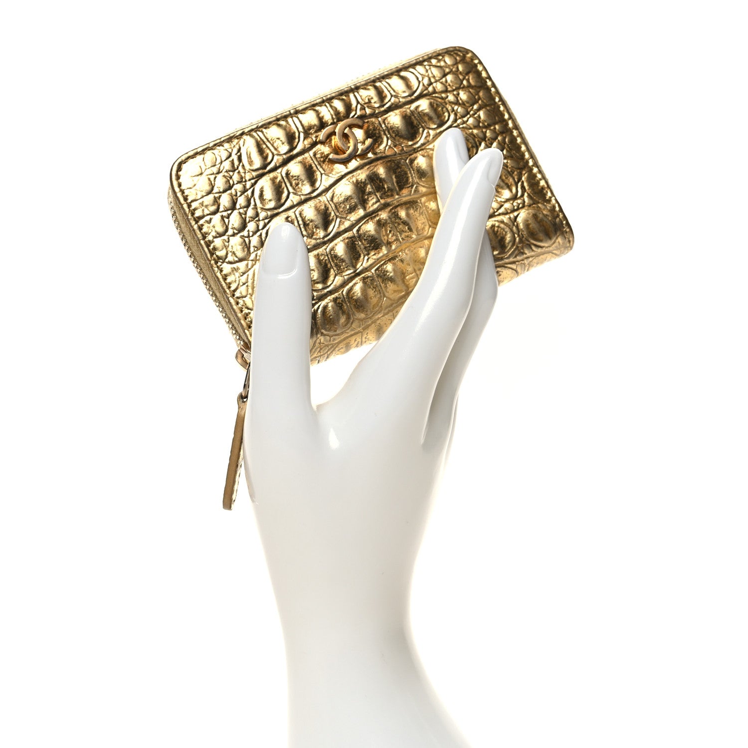 Chanel Metallic Calfskin Crocodile Embossed Cocodile Zip Coin Case Gold 2 of 8