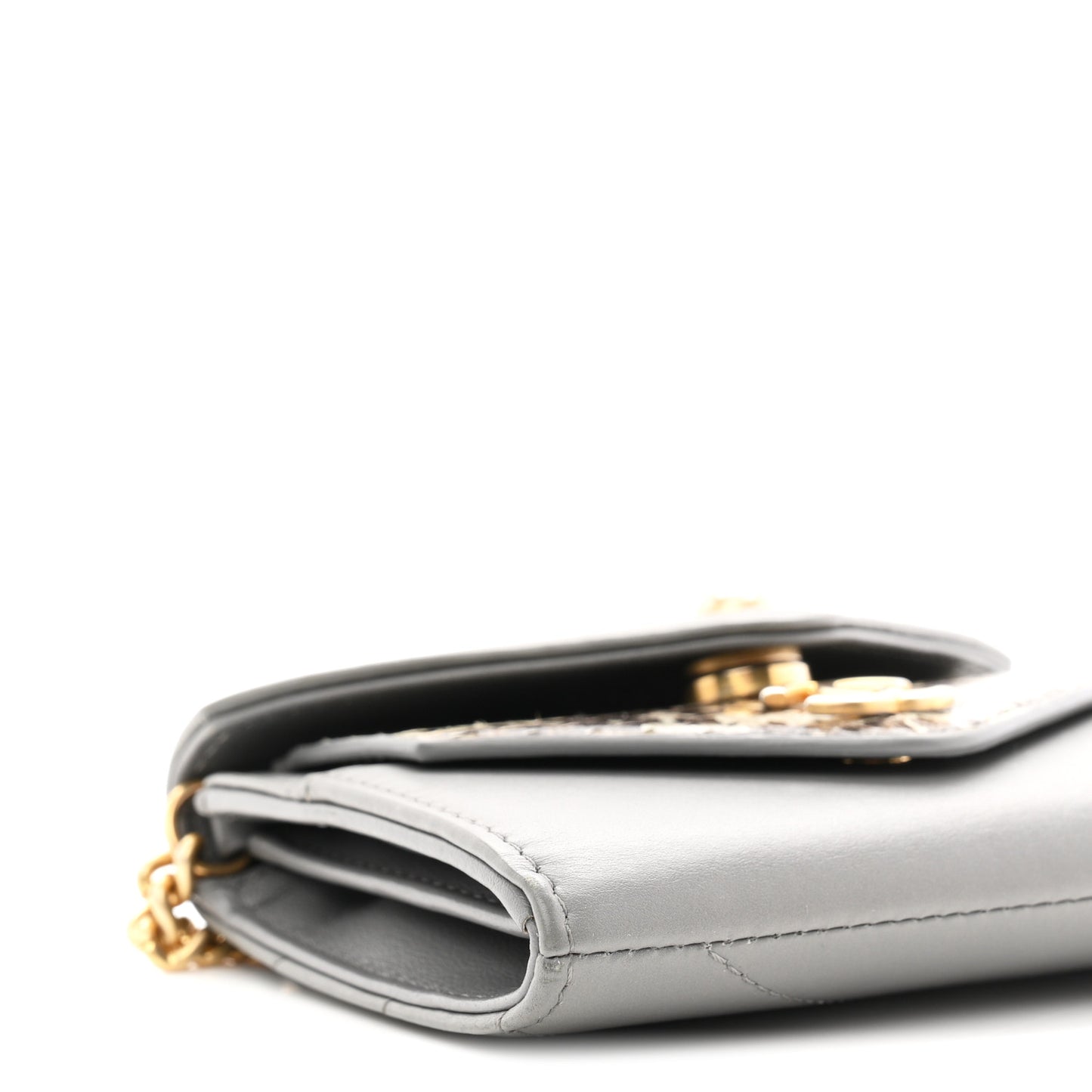 Calfskin Elaphe Double Chevron Card Case On Chain Grey