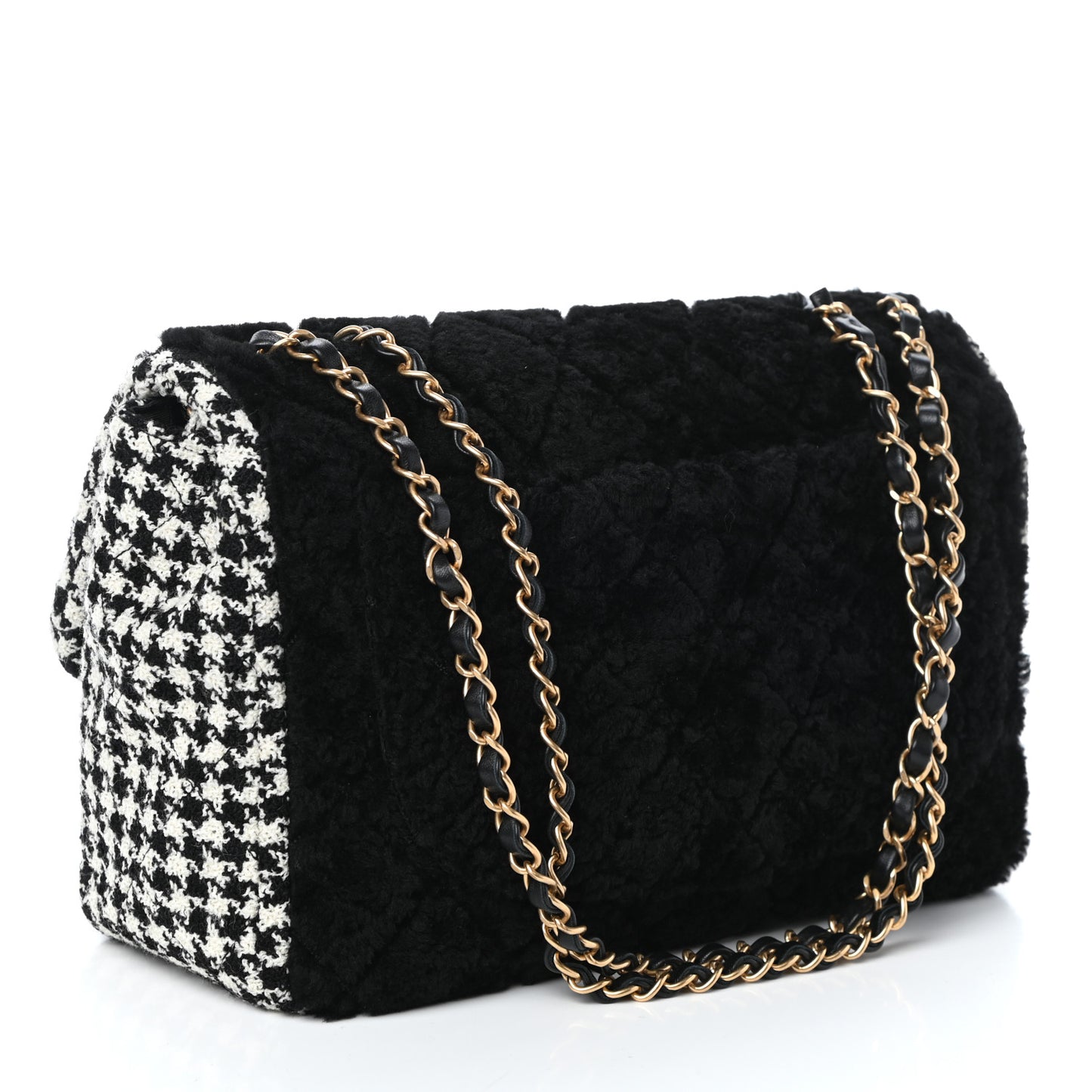 Shearling Tweed Jumbo Single Flap Black White