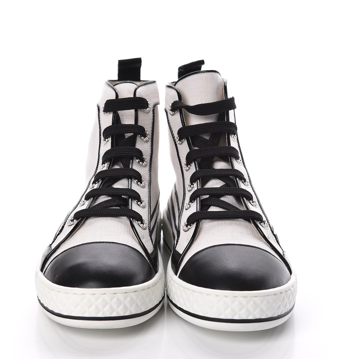 Chanel Fabric Lambskin Lace Up Cap Toe Sneakers 38.5 White Black 2 of 6