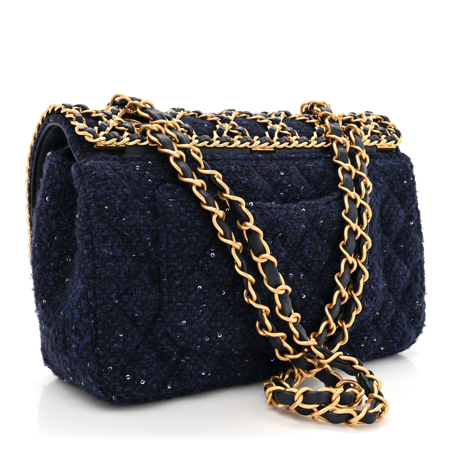 Chanel Tweed Sequin Timeless Classic Chained Double Flap Navy Blue 3 of 11