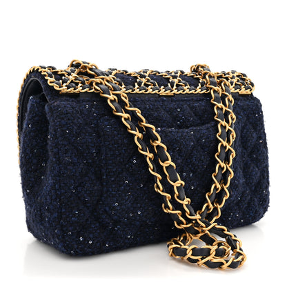 Chanel Tweed Sequin Timeless Classic Chained Double Flap Navy Blue 3 of 11