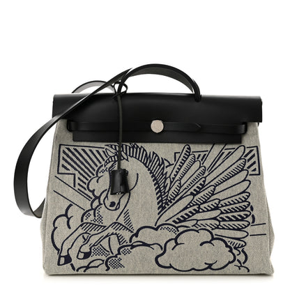 Hermes Vache Hunter Toile H Pegase Pop Herbag Zip Retourne 39 MM Bleu Indigo Ecru Black 1 of 12