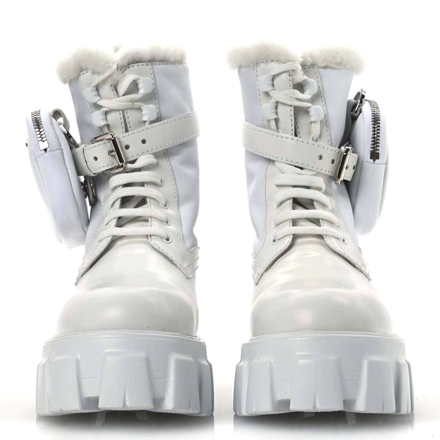 Prada Spazzolato Rois Nylon Shearling Metal Triangle Logo Monolith Pouch Pocket 55mm Boots 35.5 White 3 of 12