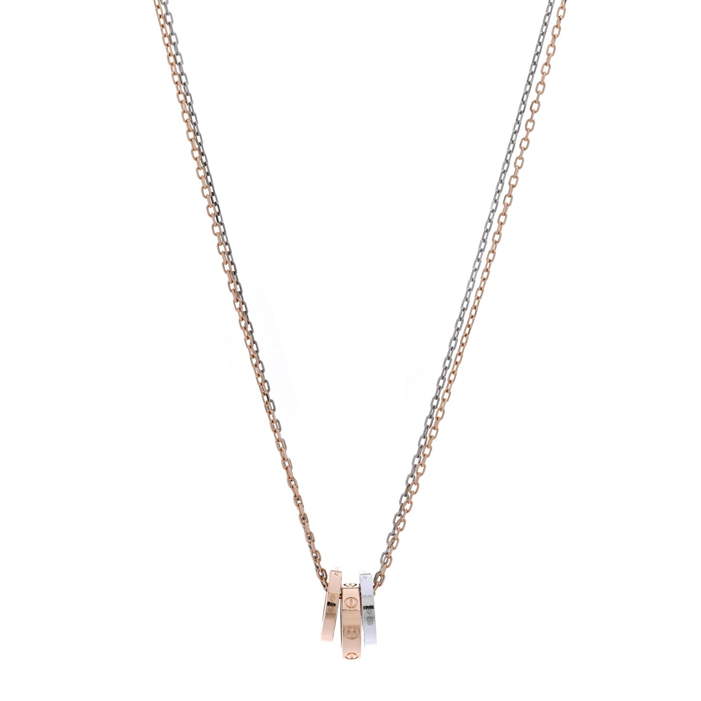 18K White Pink Gold Diamond Three Ring LOVE Necklace
