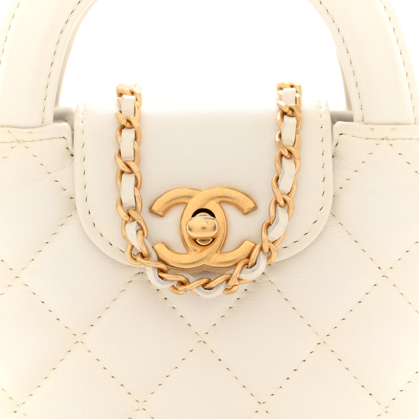 Shiny Aged Calfskin Quilted Mini Nano Kelly Shopper Beige White