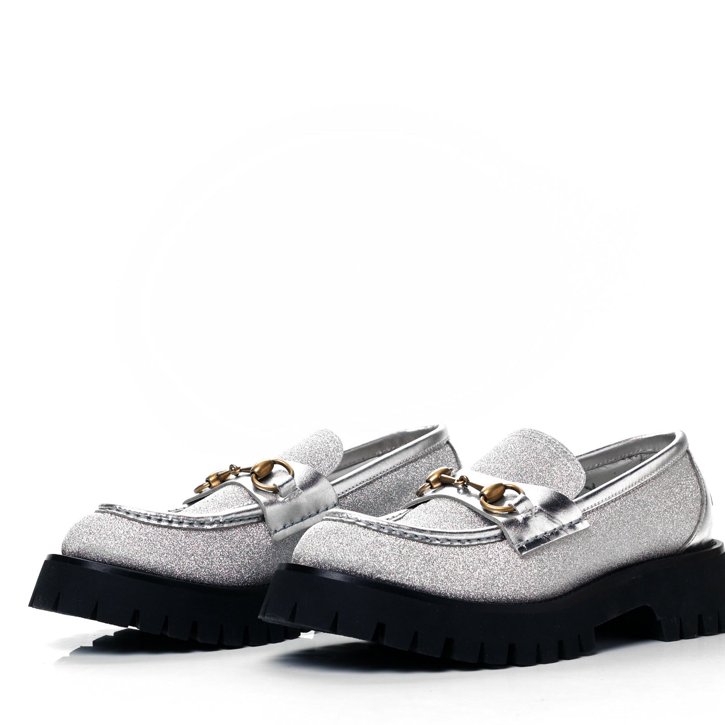 Mini Diamond Storm Silk Calfskin Womens Harald Horsebit 25mm Platform Loafers 38.5 Silver
