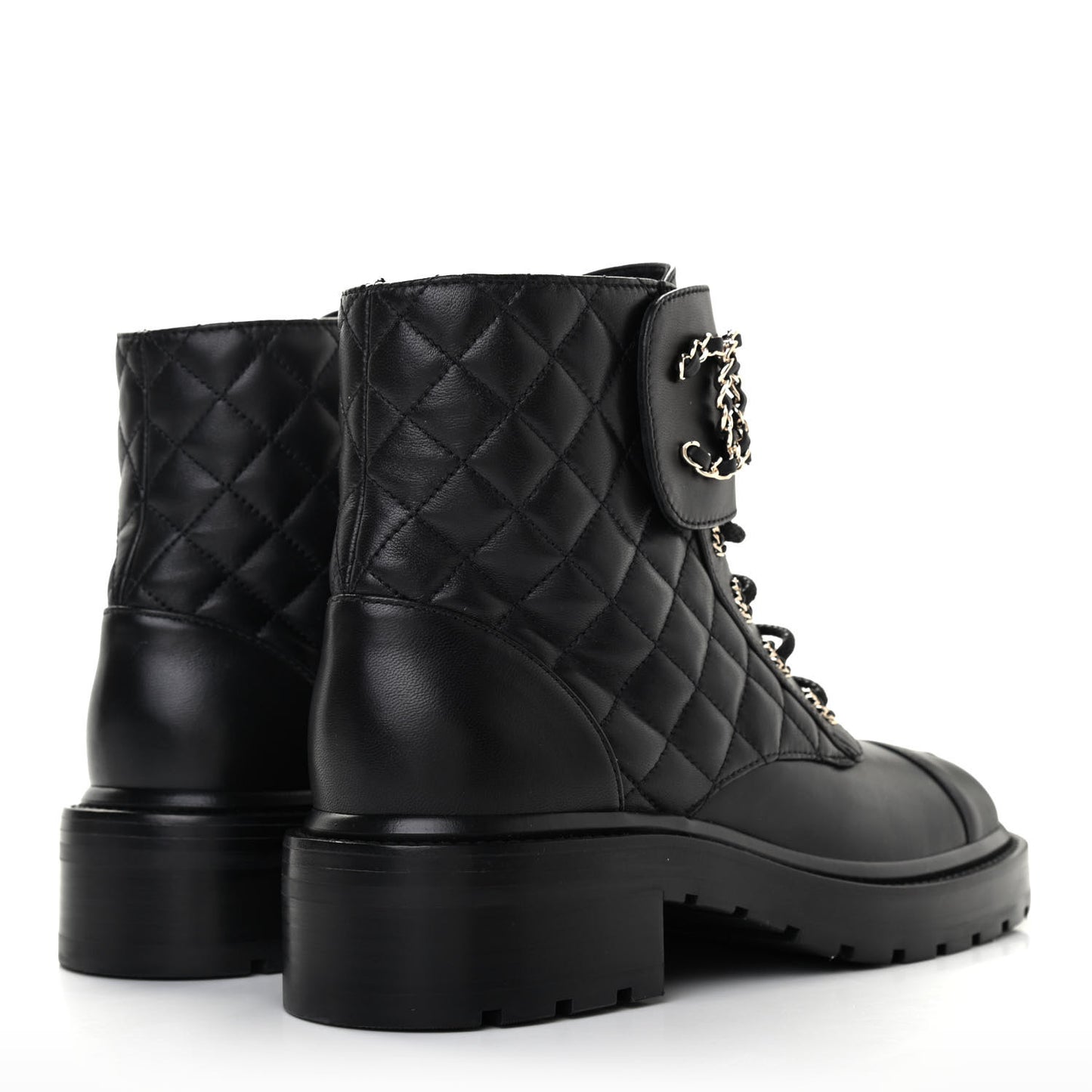 Shiny Lambskin Quilted Lace Up Combat Boots 38 Black
