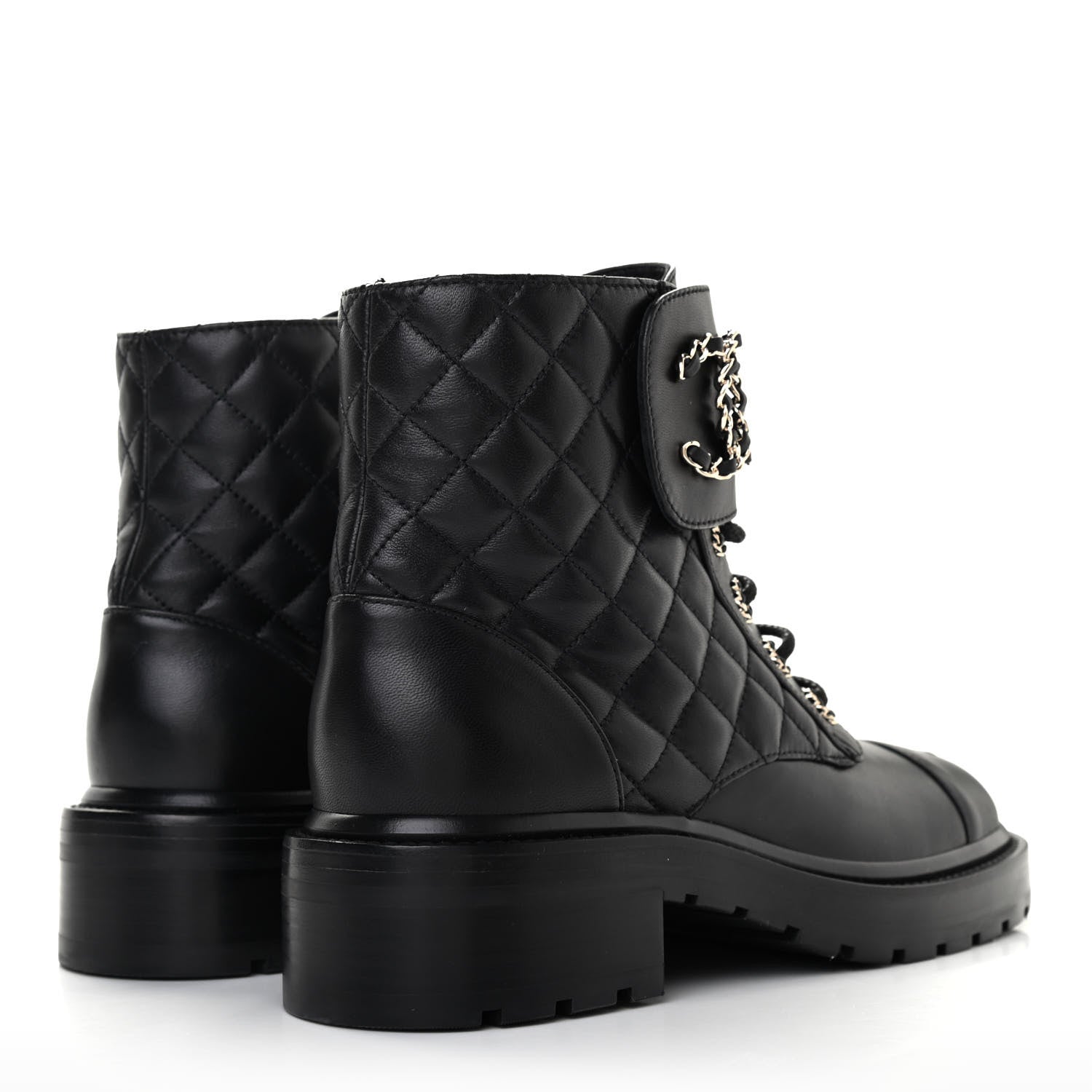 Chanel Shiny Lambskin Quilted Lace Up Combat Boots 38 Black 4 of 8