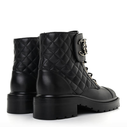 Chanel Shiny Lambskin Quilted Lace Up Combat Boots 38 Black 4 of 8