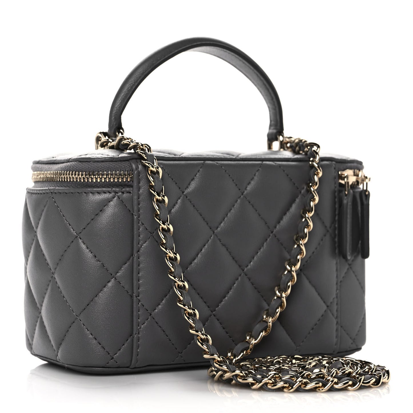 Lambskin Quilted Small Top Handle Vanity Case With Chain Dark Grey