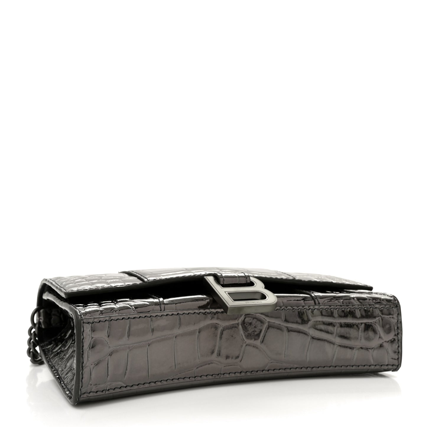 Shiny Metallic Calfskin Crocodile Embossed Hourglass Chain Bag Gunmetal
