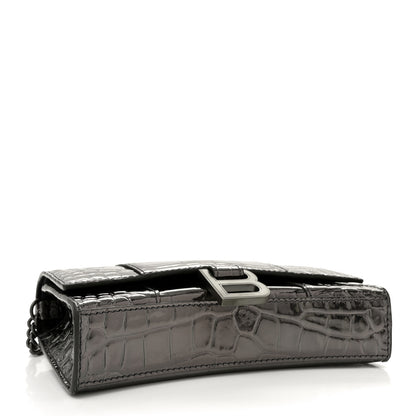 Balenciaga Shiny Metallic Calfskin Crocodile Embossed Hourglass Chain Bag Gunmetal 4 of 9