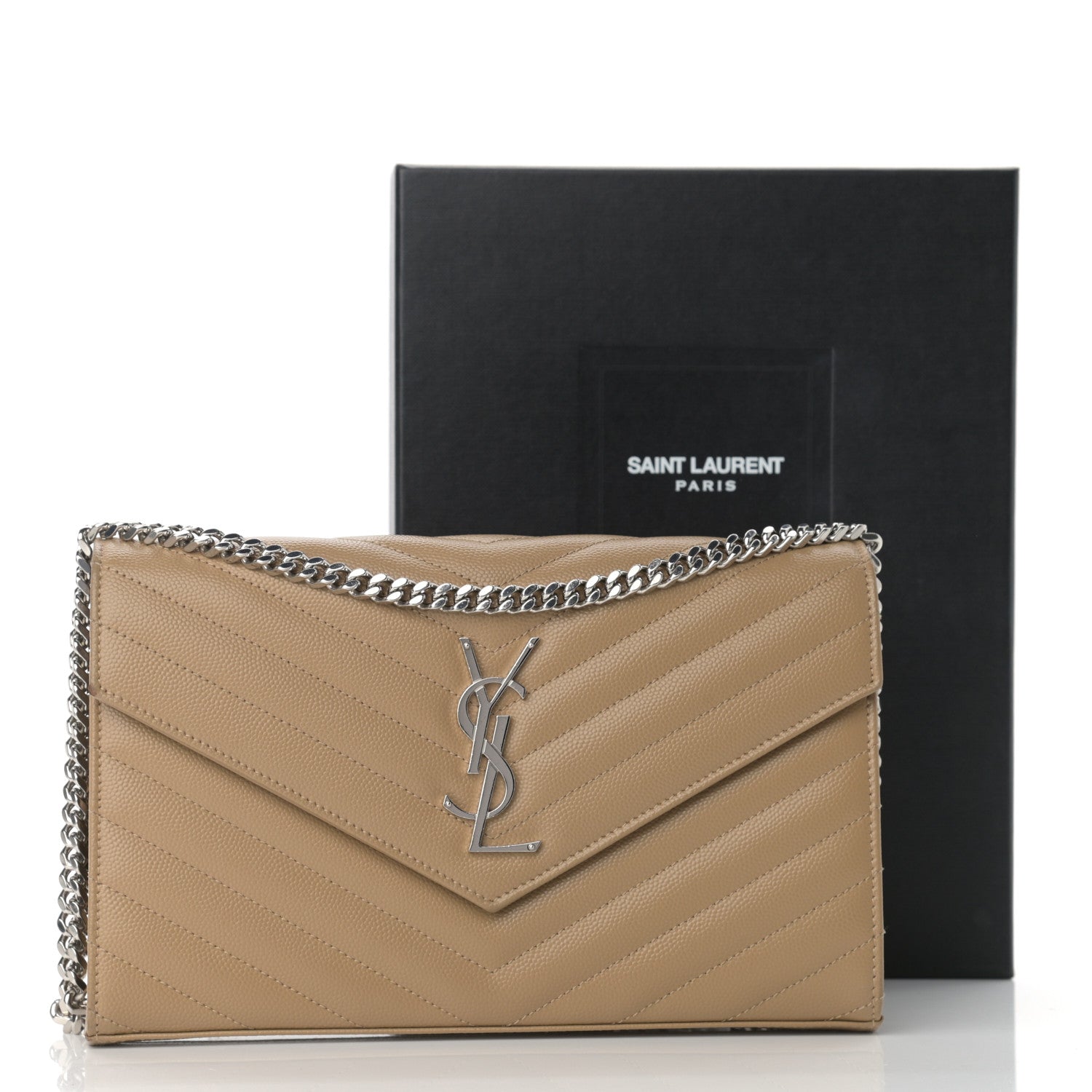 Saint Laurent Grain De Poudre Matelasse Chevron Monogram Chain Wallet Deep Beige 13 of 13