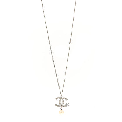 Chanel Crystal CC Star Pearl Drop Necklace Silver 1 of 5