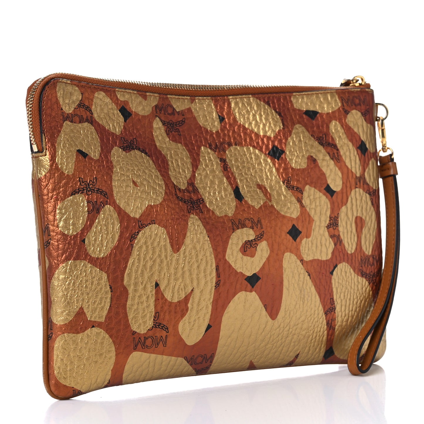 Visetos Metallic Leopard Print Large Stark Wristlet Pouch Cognac