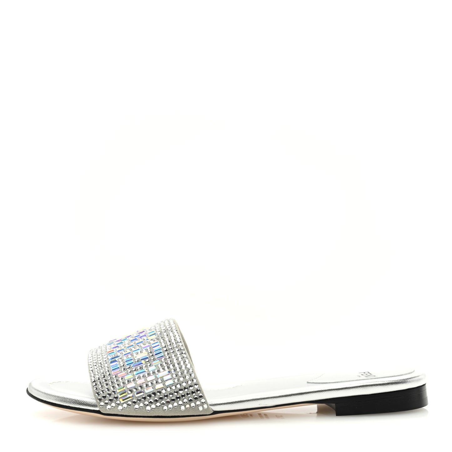 Laminated Goatskin Baguette Crystal Embroidered Signature Flat Slide Sandals 37.5 Silver