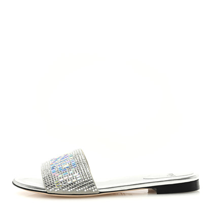 Fendi Laminated Goatskin Baguette Crystal Embroidered Signature Flat Slide Sandals 37.5 Silver 1 of 7