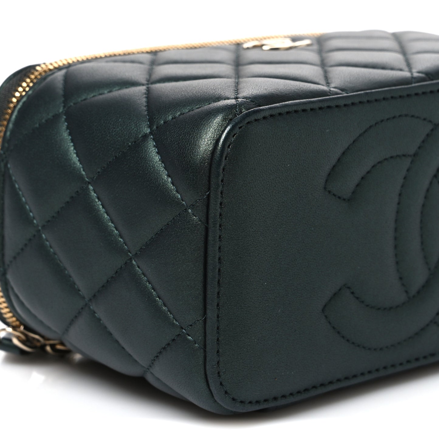 Iridescent Lambskin Quilted Small Top Handle Vanity Case With Chain Dark Green