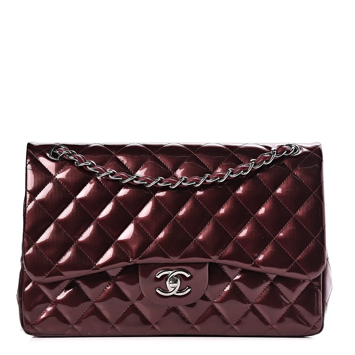 Chanel Striated Patent Quilted Jumbo Double Flap Burgundy 1 of 15