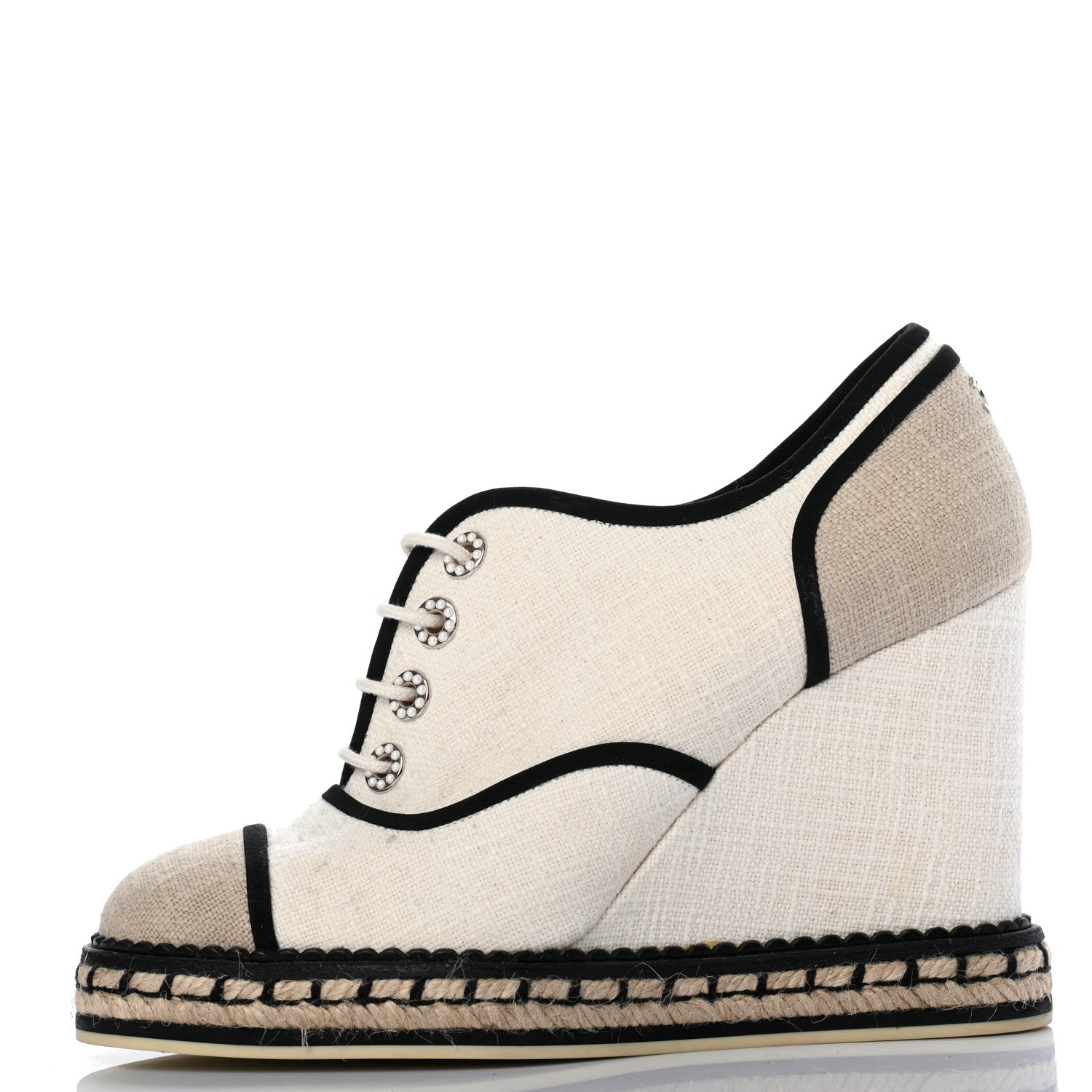 Chanel Raffia Lace Up Wedge Espadrilles 37.5 Beige 1 of 8