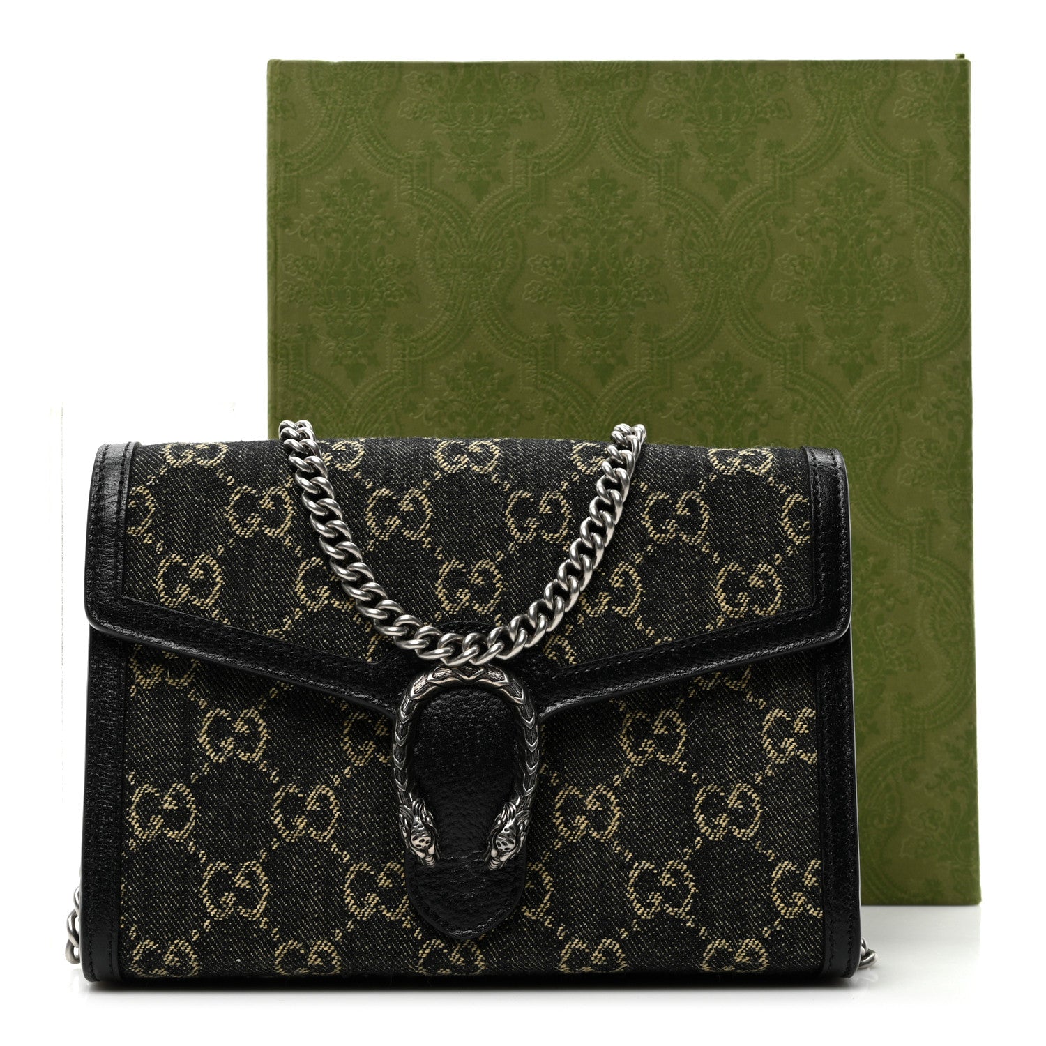 Gucci Jacquard Black Denim GG Monogram Mini Dionysus Chain Wallet Black Ivory 9 of 9