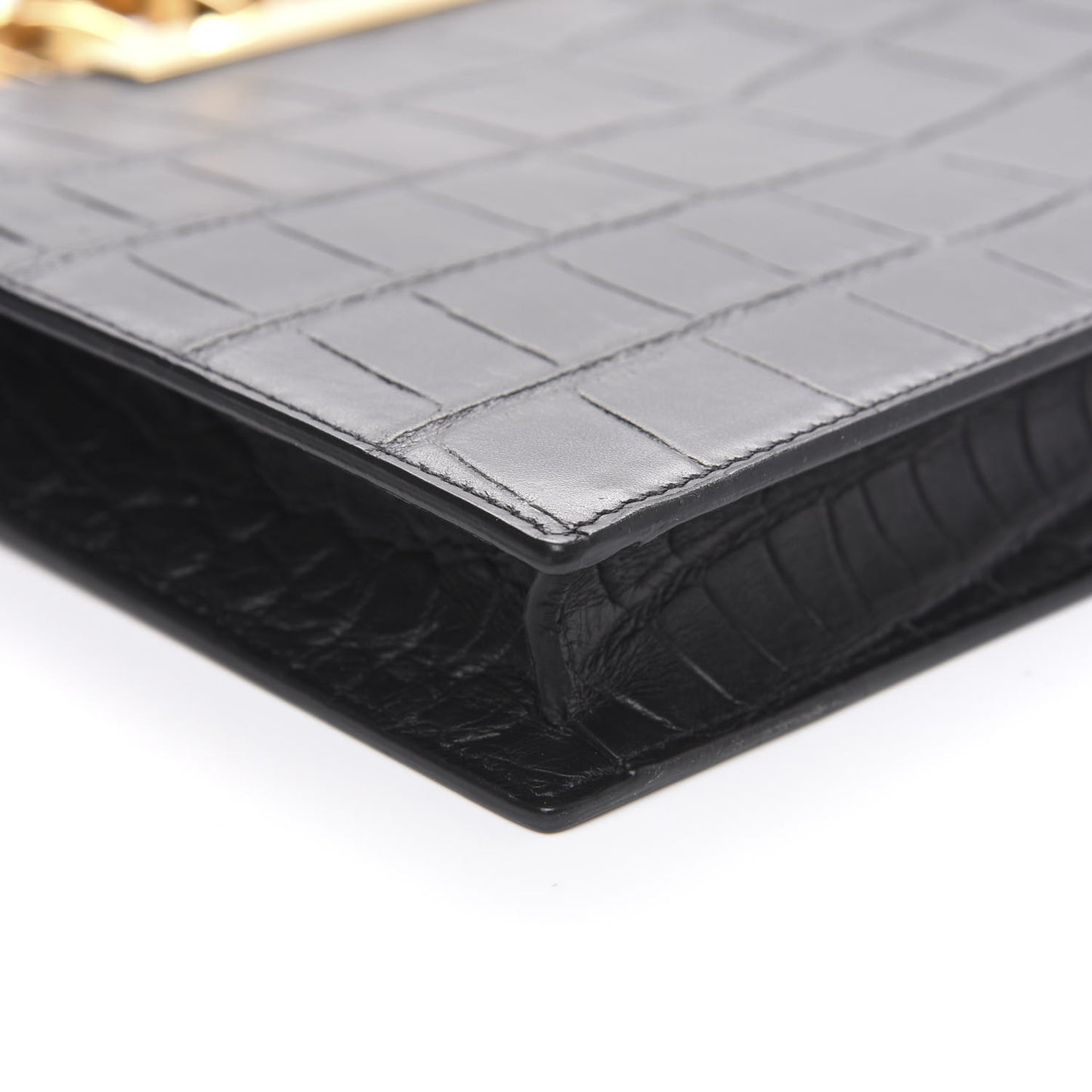 Calfskin Crocodile Embossed Knuckle Flat Clutch Black Gold
