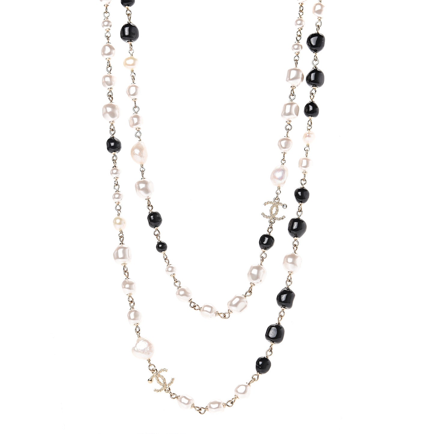 Pearl Beaded Crystal CC Long Necklace Gold Black White
