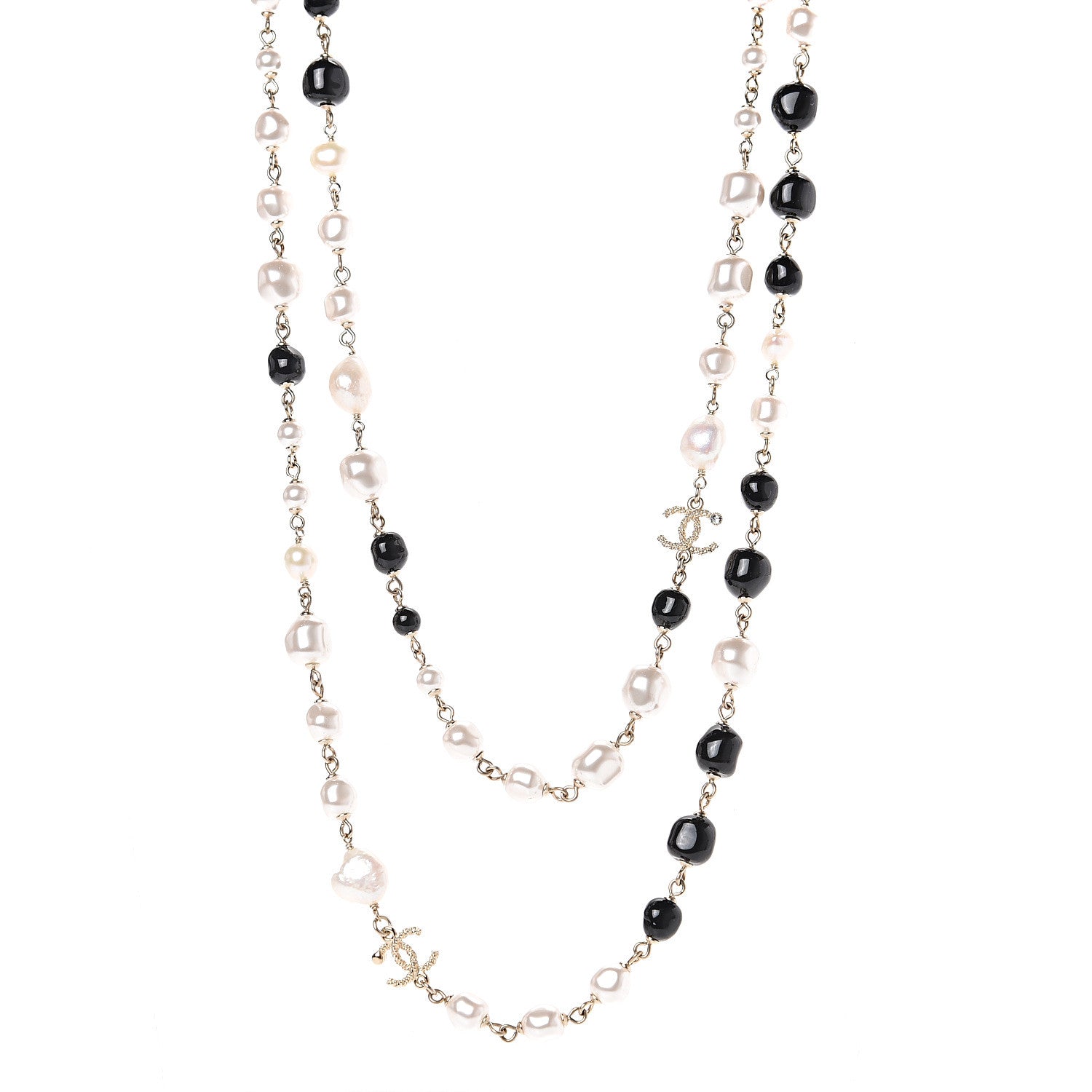 Chanel Pearl Beaded Crystal CC Long Necklace Gold Black White 1 of 4
