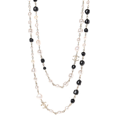 Chanel Pearl Beaded Crystal CC Long Necklace Gold Black White 1 of 4